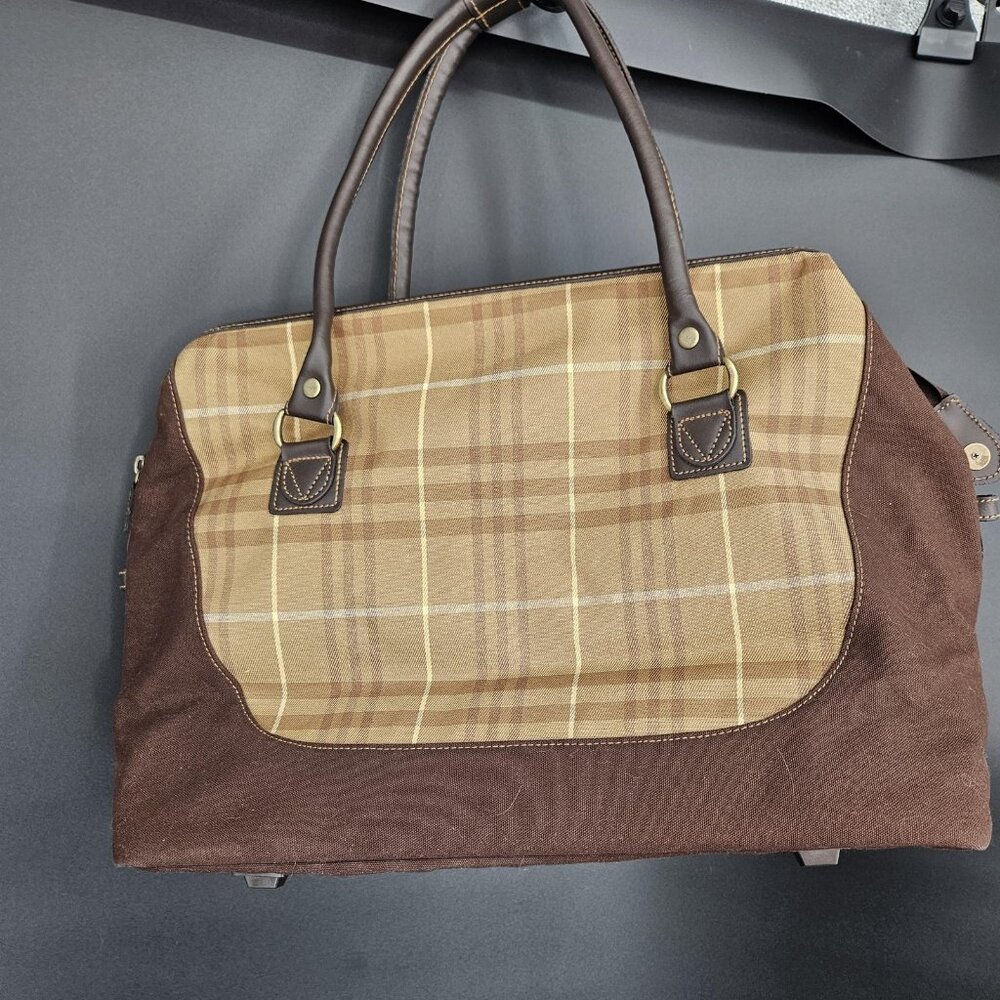 Eddie Bauer Brown Plaid 18" Overnight Weekender Bag Soft Travel Tote Carry On - Picture 6 of 14